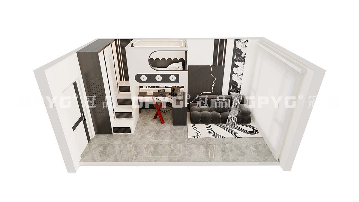 【實案古雋邨】 公屋廳間房現代風黑白潮玩上床下電腦枱設計方案