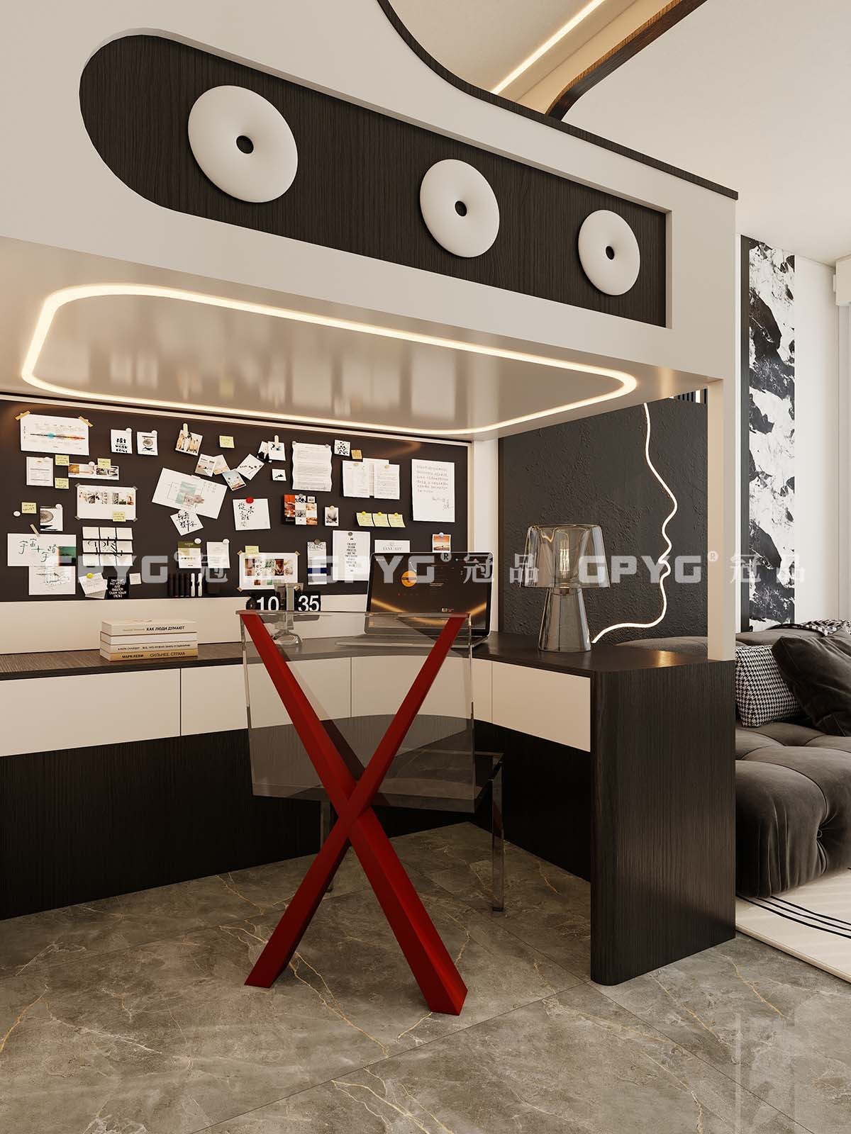 【實案古雋邨】 公屋廳間房現代風黑白潮玩上床下電腦枱設計方案