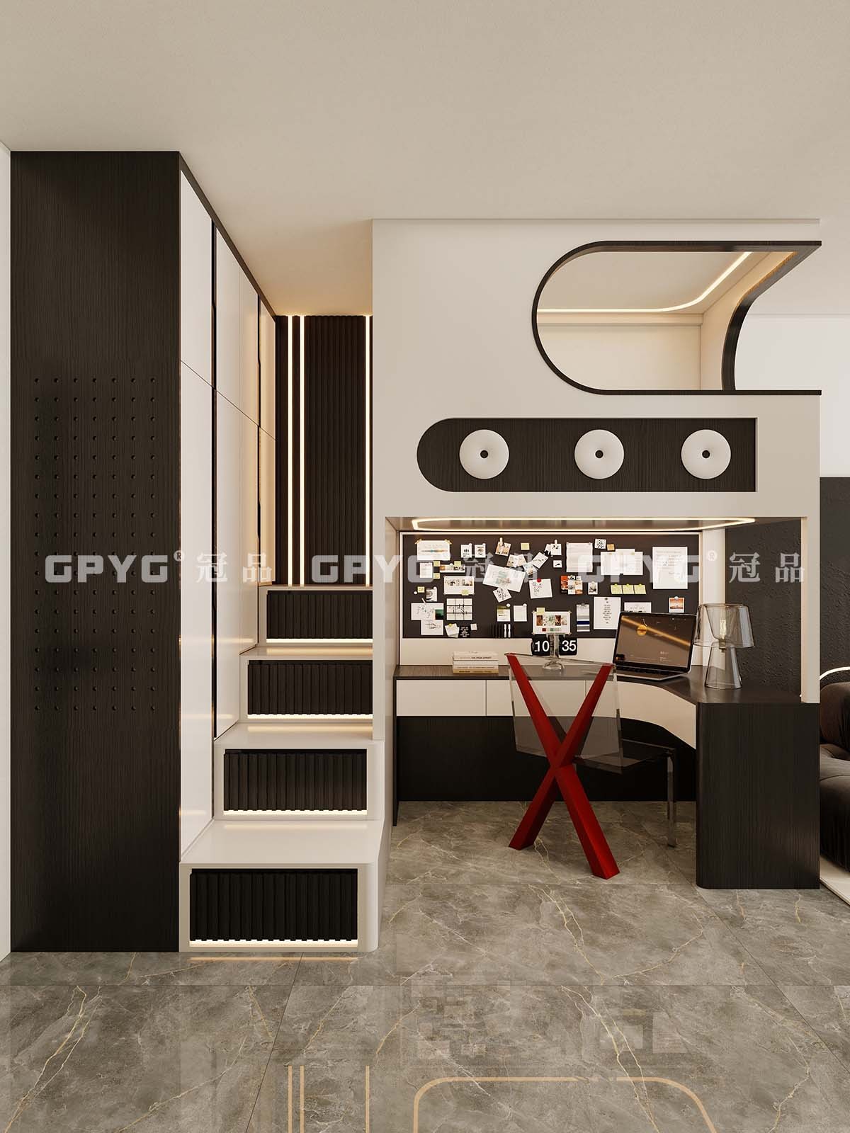 【實案古雋邨】 公屋廳間房現代風黑白潮玩上床下電腦枱設計方案