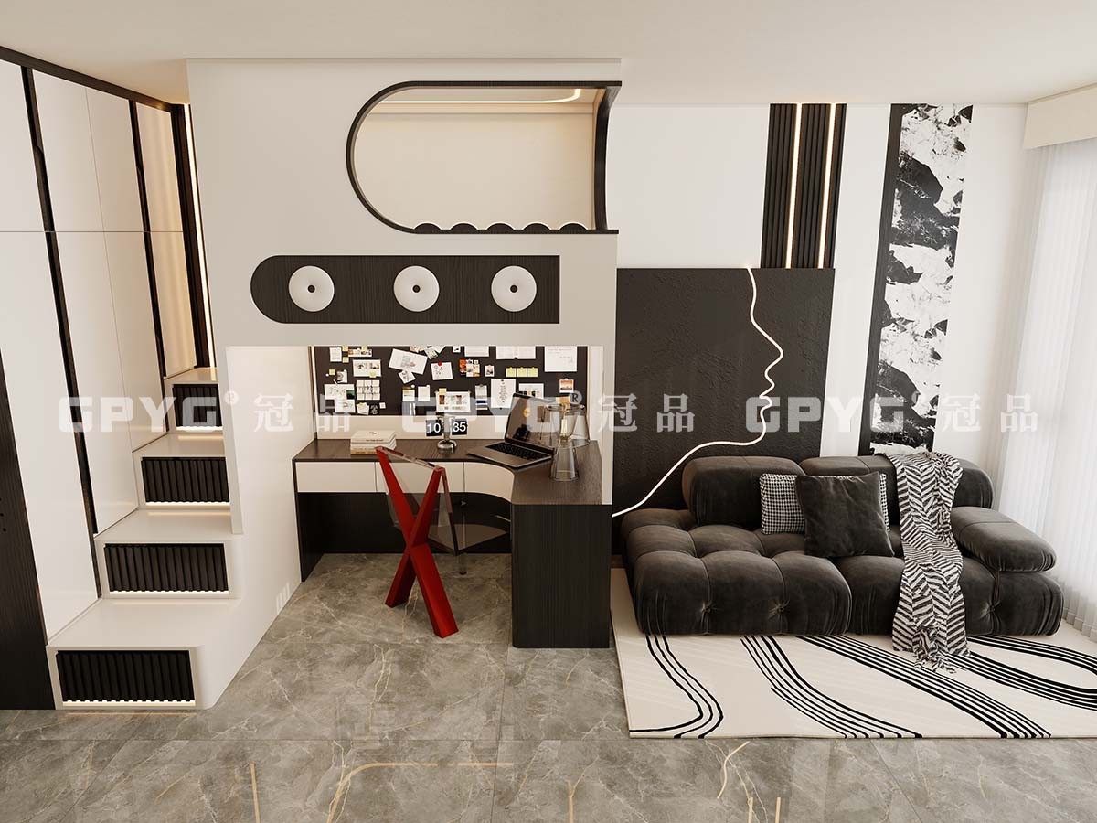 【實案古雋邨】 公屋廳間房現代風黑白潮玩上床下電腦枱設計方案