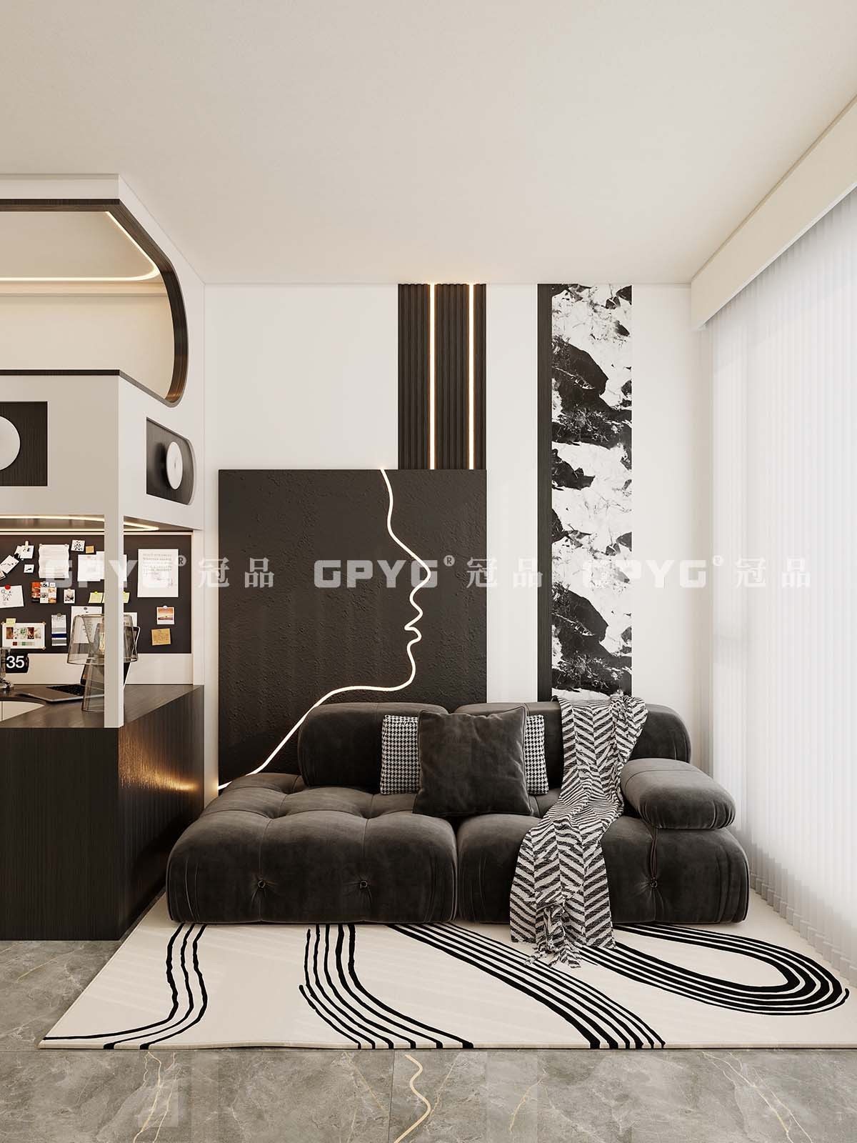 【實案古雋邨】 公屋廳間房現代風黑白潮玩上床下電腦枱設計方案