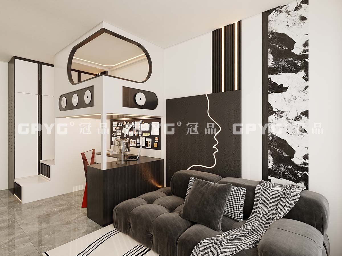 【實案古雋邨】 公屋廳間房現代風黑白潮玩上床下電腦枱設計方案