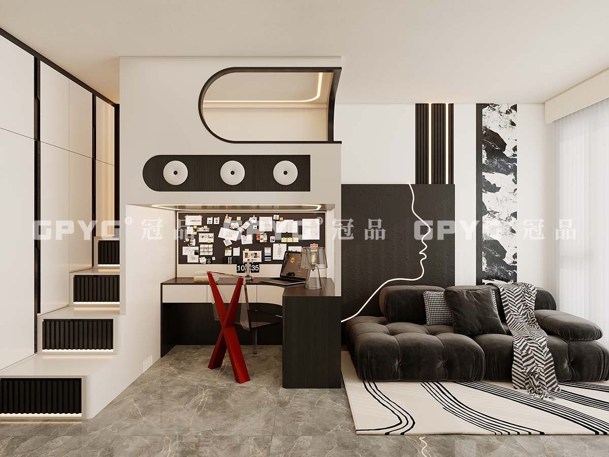 【實案古雋邨】 公屋廳間房現代風黑白潮玩上床下電腦枱設計方案